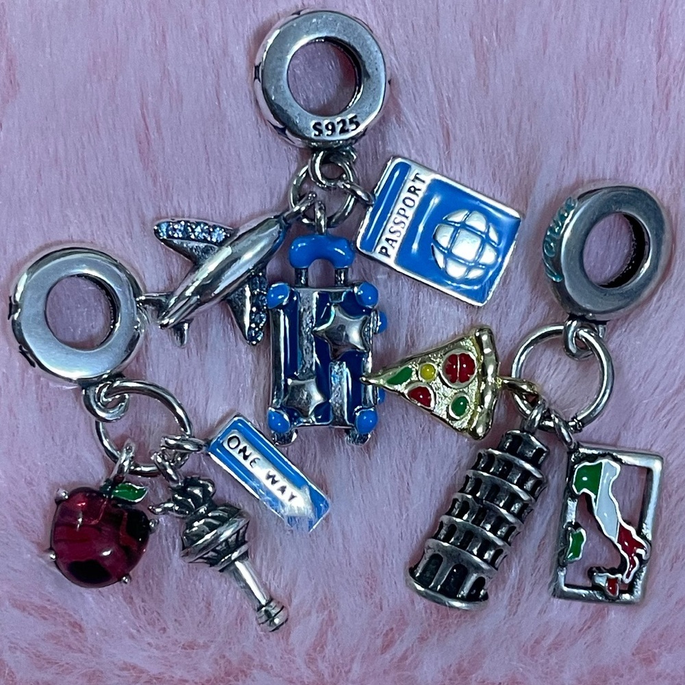 3 Sterling Silver New York Paris Airplane Passport Charm Collection Bundle Set